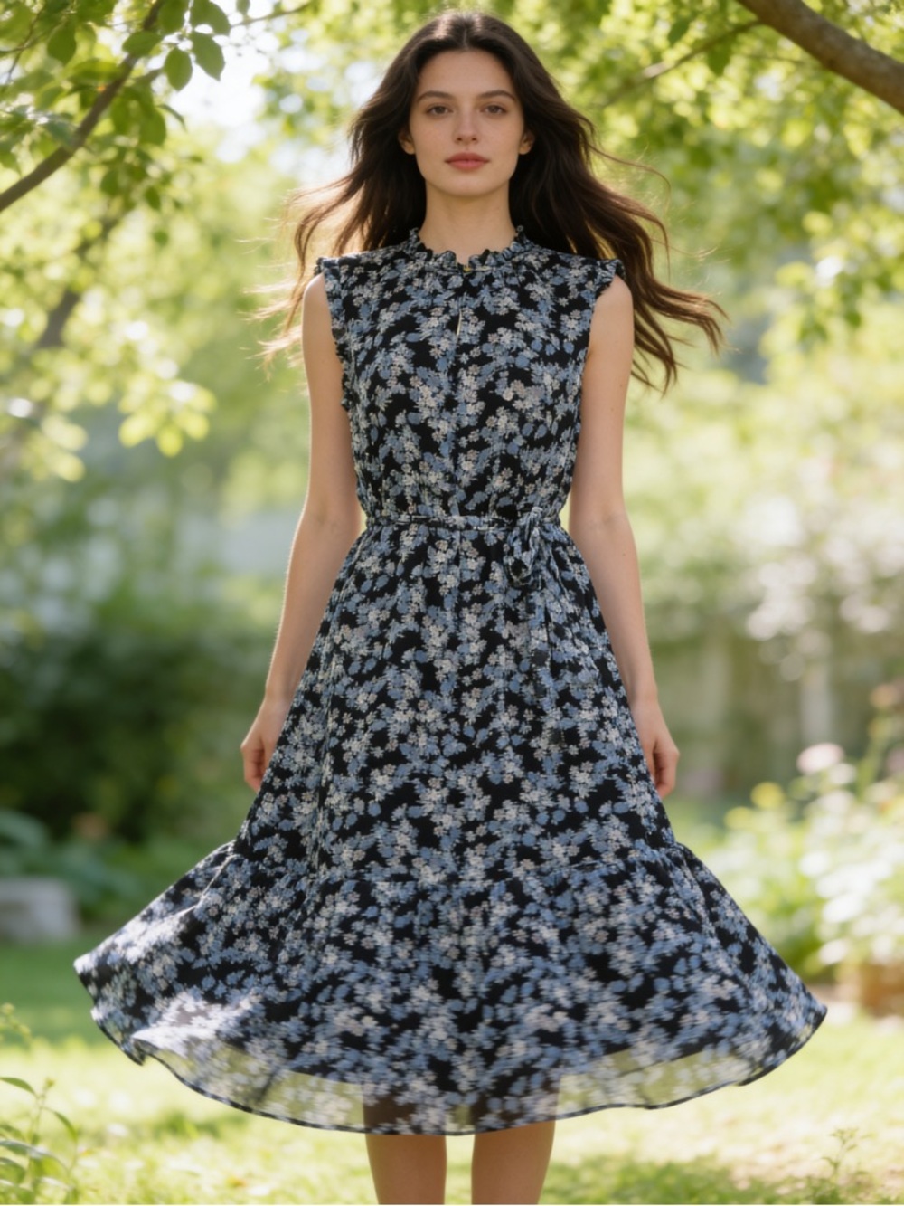 LOFT Floral Midi Dress Blue Black Sleeveless Tie Waist Ruffle Neck Size M